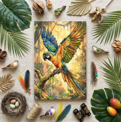 Beaded Embroidery Kit, Colorful Parrot Design, Abris Art 26 x 39 cm, Preciosa Beads, 28 Colors, Animal Wall Art DIY Craft