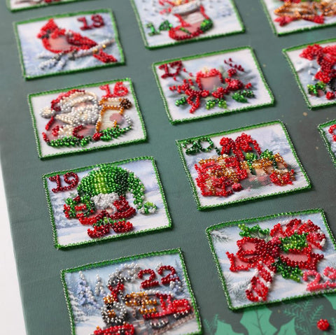 Christmas Advent Calendar Bead Embroidery Kit, 30 x 85 cm, Abris Art Printed Canvas, 17 Colors, 10,727 Beads