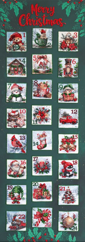 Christmas Advent Calendar Bead Embroidery Kit, 30 x 85 cm, Abris Art Printed Canvas, 17 Colors, 10,727 Beads