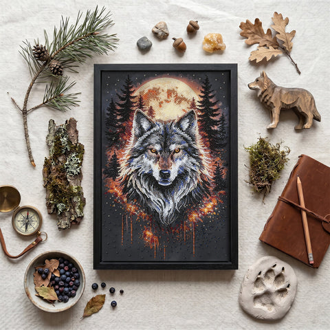 Wolf Bead Embroidery Kit, Alpha Wolf Design, Abris Art Canvas, 22 × 33 cm, 21 Colors, Animal Art Craft Set