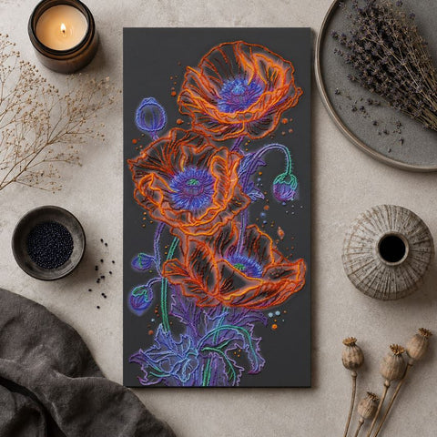 Bead Embroidery Kit with Neon Poppies, 26 x 53 cm, Preciosa Microbeads, Printed Canvas, Abris Art