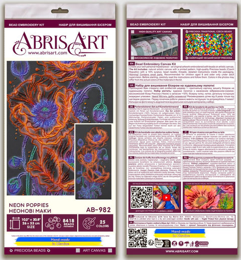 Bead Embroidery Kit with Neon Poppies, 26 x 53 cm, Preciosa Microbeads, Printed Canvas, Abris Art