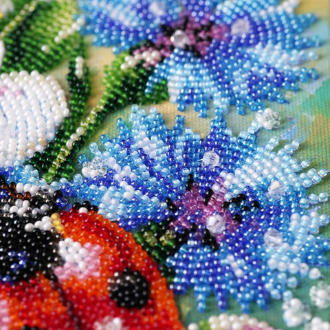 Bead Embroidery Kit with Printed Canvas, Among Cornflowers, Abris Art, 16×24 cm, 28 Colors, 6459 Beads