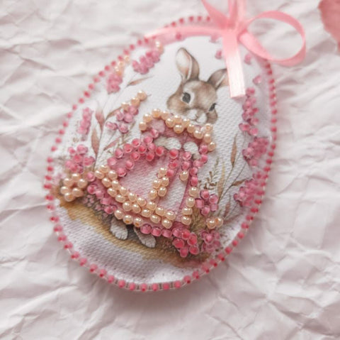 Easter Bunny Bead Embroidery Kit, Abris Art, 15×5 cm Canvas Craft Set with 9-Color Beads and Instructions