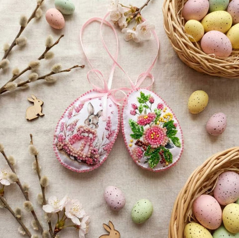 Easter Bunny Bead Embroidery Kit, Abris Art, 15×5 cm Canvas Craft Set with 9-Color Beads and Instructions