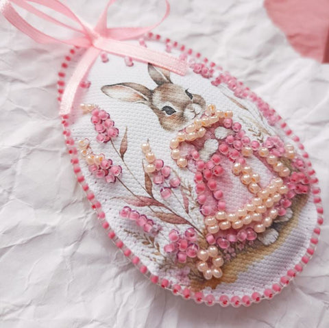 Easter Bunny Bead Embroidery Kit, Abris Art, 15×5 cm Canvas Craft Set with 9-Color Beads and Instructions