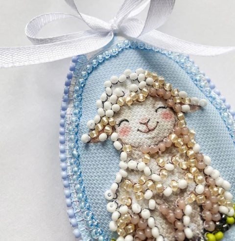 Easter Bead Embroidery Kit, Abris Art Printed Canvas, 15 x 5 cm, 10 Bead Colors, Needles, Thread, Decorative Ribbon