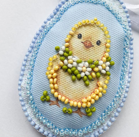 Easter Bead Embroidery Kit, Abris Art Printed Canvas, 15 x 5 cm, 10 Bead Colors, Needles, Thread, Decorative Ribbon