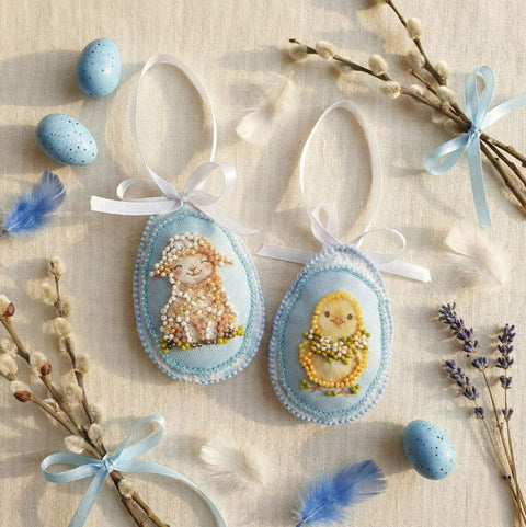 Easter Bead Embroidery Kit, Abris Art Printed Canvas, 15 x 5 cm, 10 Bead Colors, Needles, Thread, Decorative Ribbon
