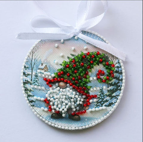 Christmas Beaded Embroidery Kit, Winter Forest Ornament, Cross Stitch on Printed Canvas, 13.2 x 6.6 cm, Abris Art