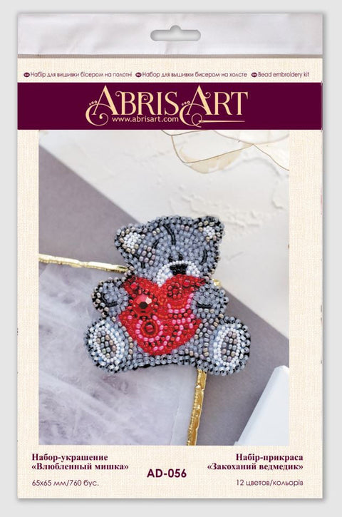 Teddy Bear Bead Embroidery Kit, Abris Art Love Decoration, 6.5 x 6.5 cm, 12 Colors, 760 PRECIOSA Beads