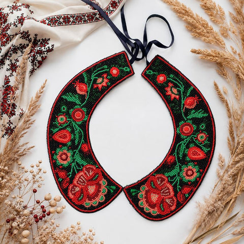 Bead Embroidery Collar Kit with Floral Design, Abris Art, 25×27 cm, 15 Colors, PRECIOSA Microbeads, Velvet Ribbon