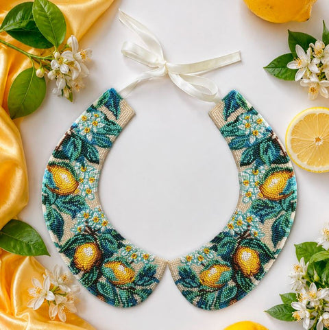 Beaded Embroidery Collar Kit, Floral Design, Printed Canvas, PRECIOSA Microbeads, 25×27 cm, Abris Art