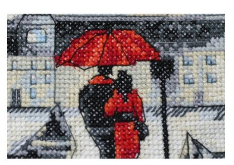 Cross Stitch Kit for Special Date, Romantic Couple in Paris, Abris Art, 20x20 cm, 14 Count White Canvas, 13 Thread Shades