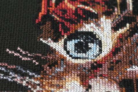 Cross Stitch Embroidery Kit Fluffy Kitten, Abris Art, 30 x 35 cm, Black 14 Count Canvas, 24 Thread Colors
