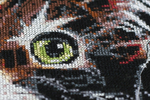 Cross Stitch Embroidery Kit Fluffy Kitten, Abris Art, 30 x 35 cm, Black 14 Count Canvas, 24 Thread Colors