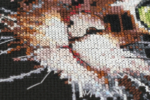 Cross Stitch Embroidery Kit Fluffy Kitten, Abris Art, 30 x 35 cm, Black 14 Count Canvas, 24 Thread Colors