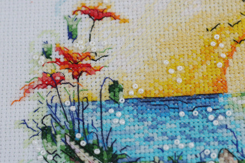 Cross Stitch Kit Sunny Paradise Landscape, 25 x 25 cm, Abris Art, 14 Count White Canvas, 51 Thread Colors