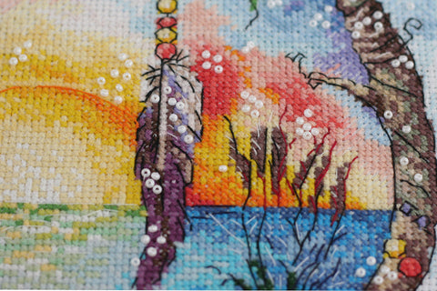 Cross Stitch Kit Sunny Paradise Landscape, 25 x 25 cm, Abris Art, 14 Count White Canvas, 51 Thread Colors