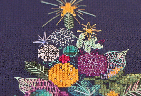 Christmas Tree Cross Stitch Kit, 14 Count Dark Blue Fabric, 19x22 cm, 29 Colors, Abris Art AAH-090
