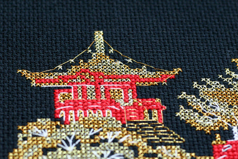 Japanese Landscape Cross Stitch Kit, 4 Colors, Black 14 Count Canvas, 15x10 cm, Abris Art AAH-097