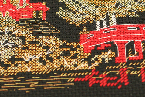 Japanese Landscape Cross Stitch Kit, 4 Colors, Black 14 Count Canvas, 15x10 cm, Abris Art AAH-097