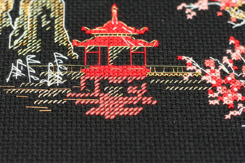 Japan Landscape Cross Stitch Kit on Black 14 Count Canvas, Abris Art, 15 x 10 cm, 6 Colors, Japan 2 AAH-098