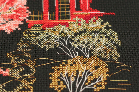 Cross Stitch Embroidery Kit, Japanese Landscape on Black 14 Count Canvas, 15 x 14 cm, Abris Art Japan 3 AAH-099