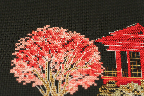 Cross Stitch Embroidery Kit, Japanese Landscape on Black 14 Count Canvas, 15 x 14 cm, Abris Art Japan 3 AAH-099