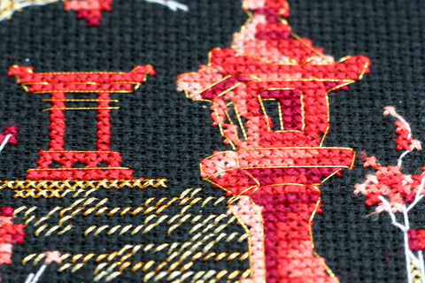 Japan Landscape Cross Stitch Kit, 14 Count Black Canvas, Abris Art, 11 x 15 cm, 7 Colors, Pattern AAH-100