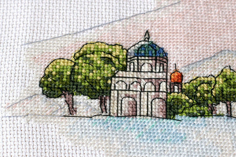 Cross Stitch Kit with Colorful Domes Landscape, Abris Art, 38 x 18 cm, White 14 Count Canvas, 23 Thread Shades