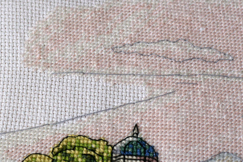 Cross Stitch Kit with Colorful Domes Landscape, Abris Art, 38 x 18 cm, White 14 Count Canvas, 23 Thread Shades