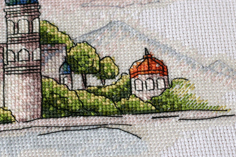 Cross Stitch Kit with Colorful Domes Landscape, Abris Art, 38 x 18 cm, White 14 Count Canvas, 23 Thread Shades