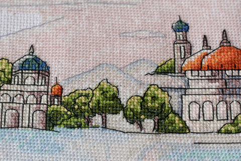 Cross Stitch Kit with Colorful Domes Landscape, Abris Art, 38 x 18 cm, White 14 Count Canvas, 23 Thread Shades