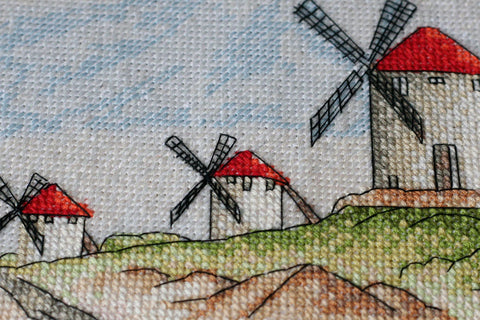 Cross Stitch Kit Windmills 39 x 18 cm, Abris Art, 14 Count White Canvas, 23 Colors, Embroidery Pattern