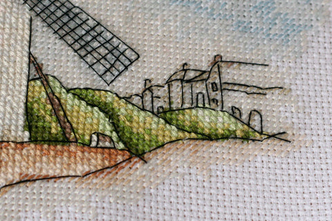 Cross Stitch Kit Windmills 39 x 18 cm, Abris Art, 14 Count White Canvas, 23 Colors, Embroidery Pattern