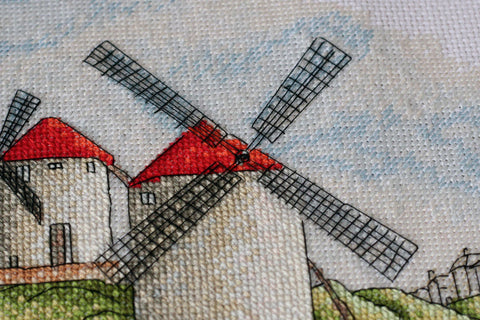 Cross Stitch Kit Windmills 39 x 18 cm, Abris Art, 14 Count White Canvas, 23 Colors, Embroidery Pattern