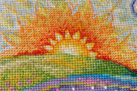 Cross Stitch Embroidery Kit First Dawn Landscape, Abris Art, 14 Count White Canvas, 24 x 24 cm, 43 Colors