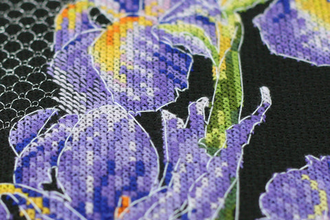 Cross Stitch Embroidery Kit with Japanese Irises, Abris Art, 16x43 cm, Black 14-Count Canvas, 19 Colors, SAGA Chart
