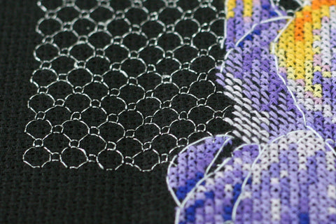 Cross Stitch Embroidery Kit with Japanese Irises, Abris Art, 16x43 cm, Black 14-Count Canvas, 19 Colors, SAGA Chart