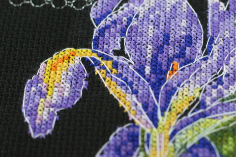 Cross Stitch Embroidery Kit with Japanese Irises, Abris Art, 16x43 cm, Black 14-Count Canvas, 19 Colors, SAGA Chart