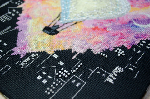 Abris Art Cross Stitch Kit with Beads, Love in the Sky, Black 14 Count Canvas, 26 Colors, Deco Scenes, 230×330 mm