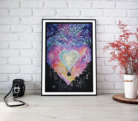 Abris Art Cross Stitch Kit with Beads, Love in the Sky, Black 14 Count Canvas, 26 Colors, Deco Scenes, 230×330 mm