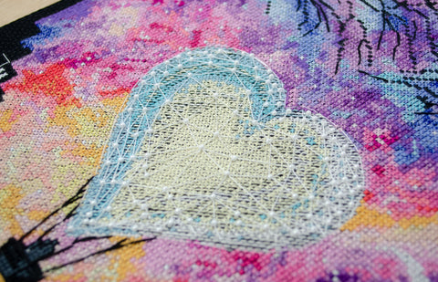 Abris Art Cross Stitch Kit with Beads, Love in the Sky, Black 14 Count Canvas, 26 Colors, Deco Scenes, 230×330 mm