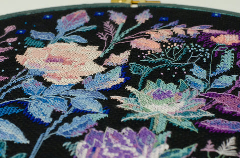 Cross Stitch Kit with Floral Design, Black 14 Count Canvas, 30 x 30 cm, 34 Thread Shades, Abris Art Night Euphoria