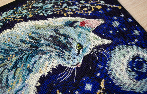 Cross Stitch Kit “Night Guest” Cat Design, Abris Art, 27 Colors, Black 14 Count Fabric, 22 x 32 cm