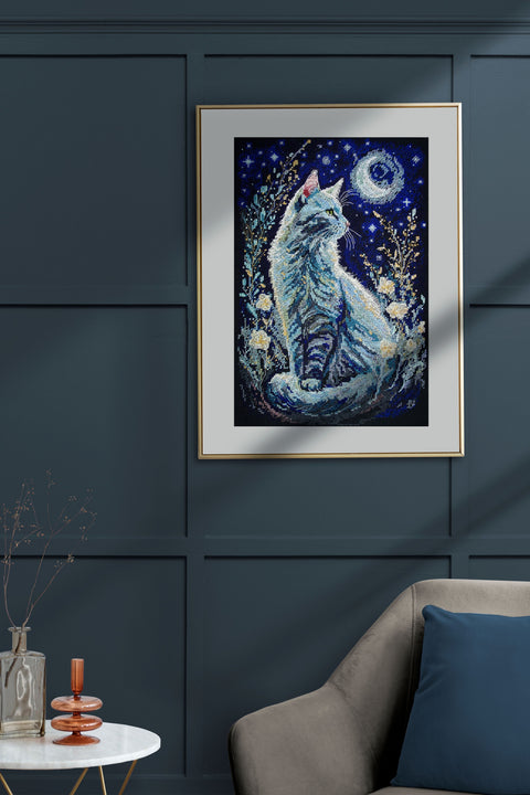 Cross Stitch Kit “Night Guest” Cat Design, Abris Art, 27 Colors, Black 14 Count Fabric, 22 x 32 cm