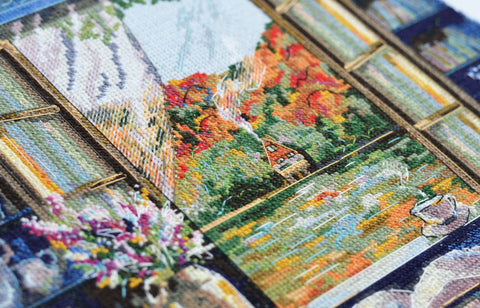 Cross Stitch Kit Tea Time by the Window, Abris Art, 23x23 cm, 18 Count White Canvas, 37 Colors, SAGA Chart