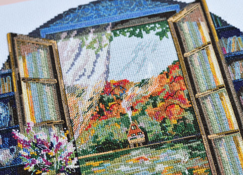 Cross Stitch Kit Tea Time by the Window, Abris Art, 23x23 cm, 18 Count White Canvas, 37 Colors, SAGA Chart