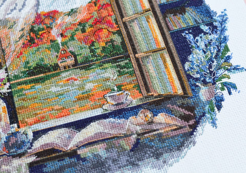 Cross Stitch Kit Tea Time by the Window, Abris Art, 23x23 cm, 18 Count White Canvas, 37 Colors, SAGA Chart